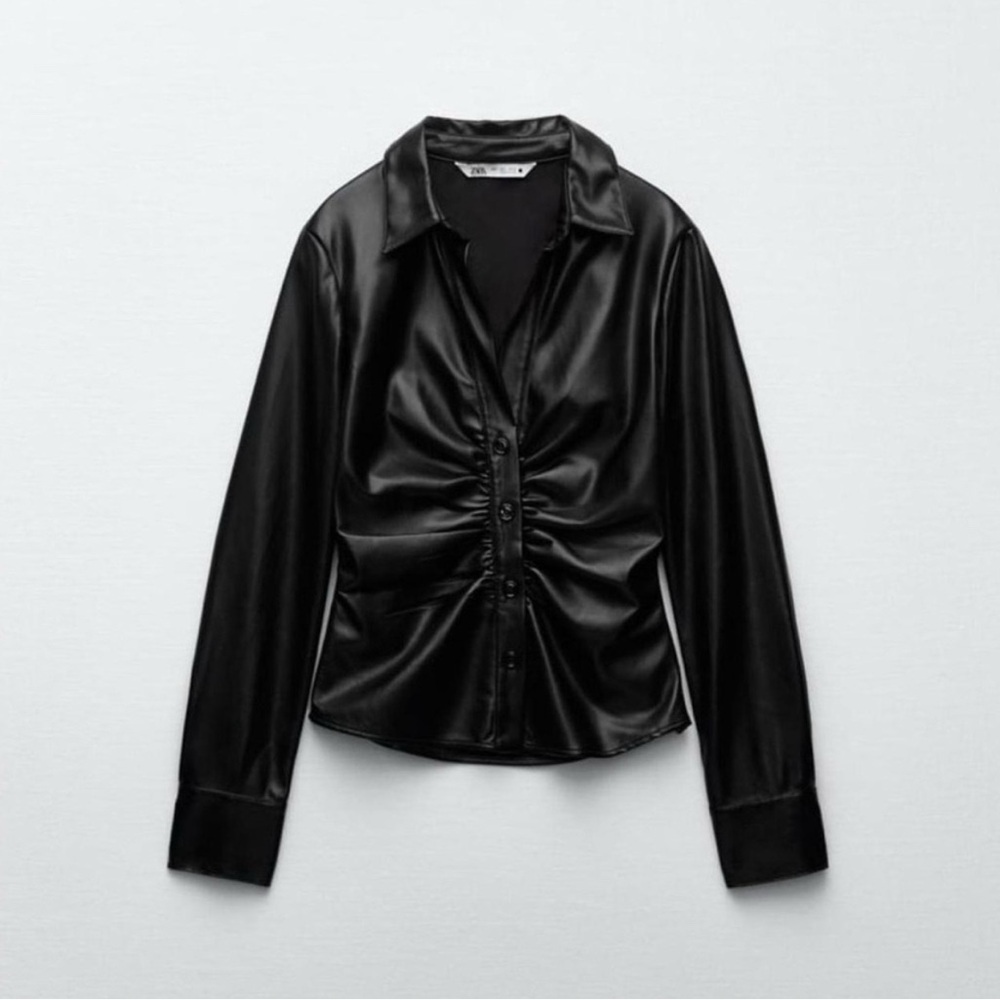 Zara Black Faux Leather Ruched Button-up Top